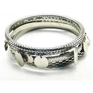 Silver Tone Bangle Bracelets Lot of 4 Mesh Etched Twisted Mirrored Dangles